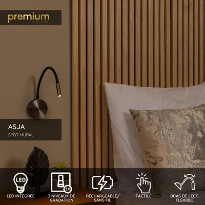 Lucide ASJA - Spot mural / Applique mural Rechargeable - Batterie/Piles - LED 3 StepDim - 1x3W 2700K - Fer gris | Premium